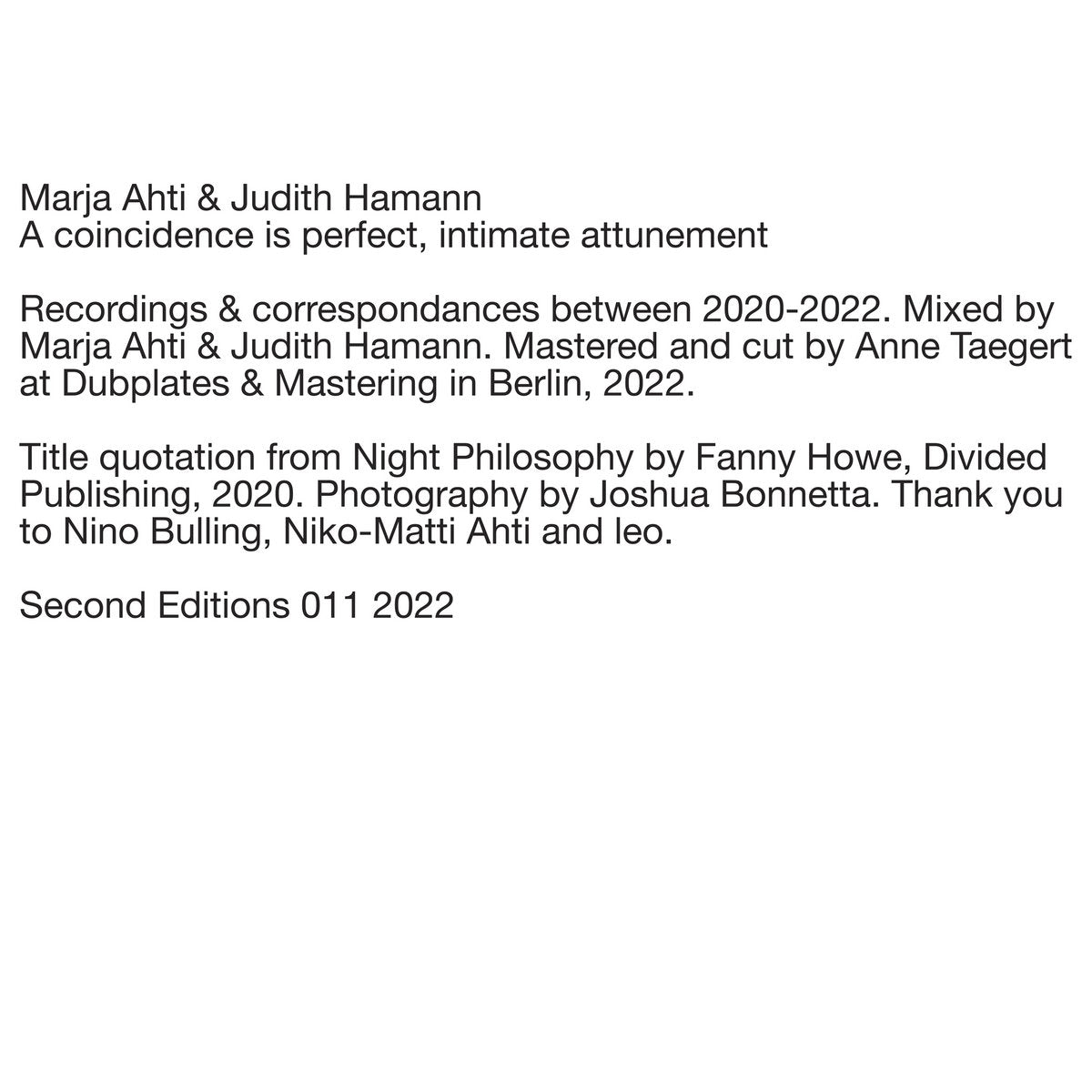 Marja Ahti & Judith Hamann –  A coincidence is perfect, intimate attunement [LP]
