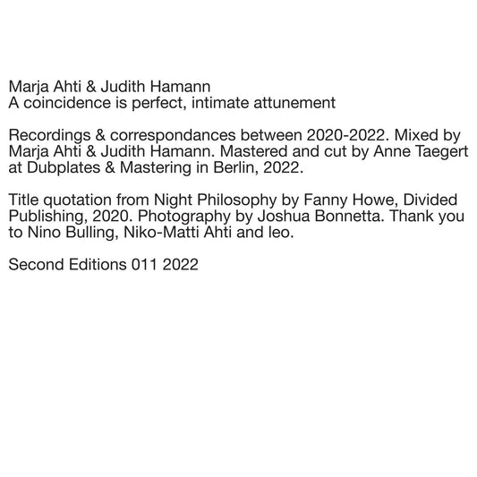 Marja Ahti & Judith Hamann –  A coincidence is perfect, intimate attunement [LP]