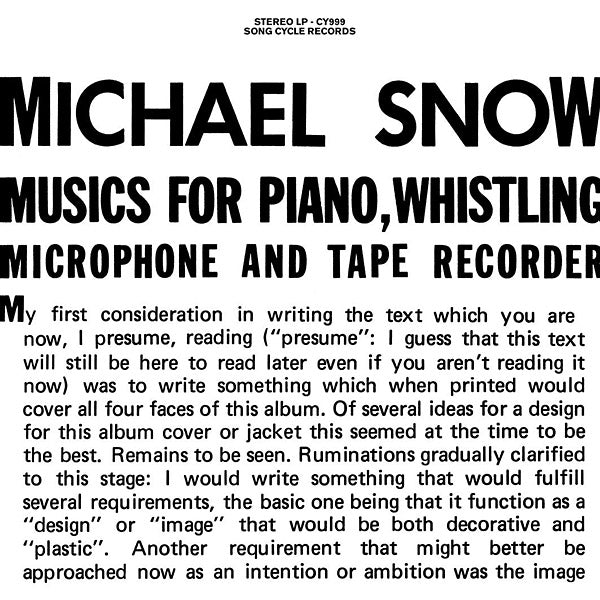 Michael Snow – Musics for Piano, Whistling, Microphone and Tape Recorder [2LP]